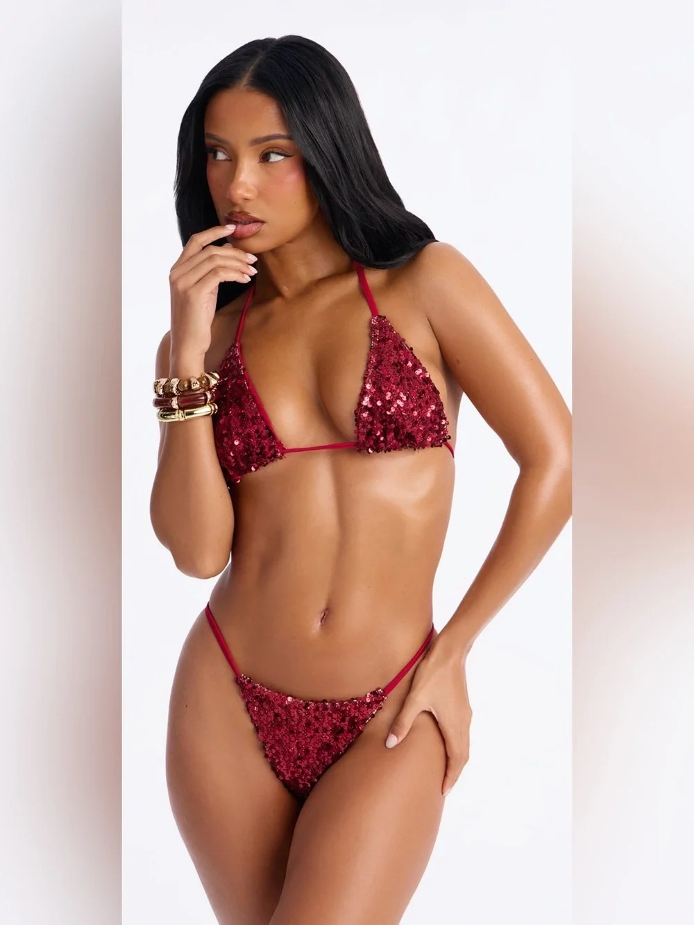 Fashion Nova Red Sequin 3PC Bikini  And Skirt Set❤️🔥